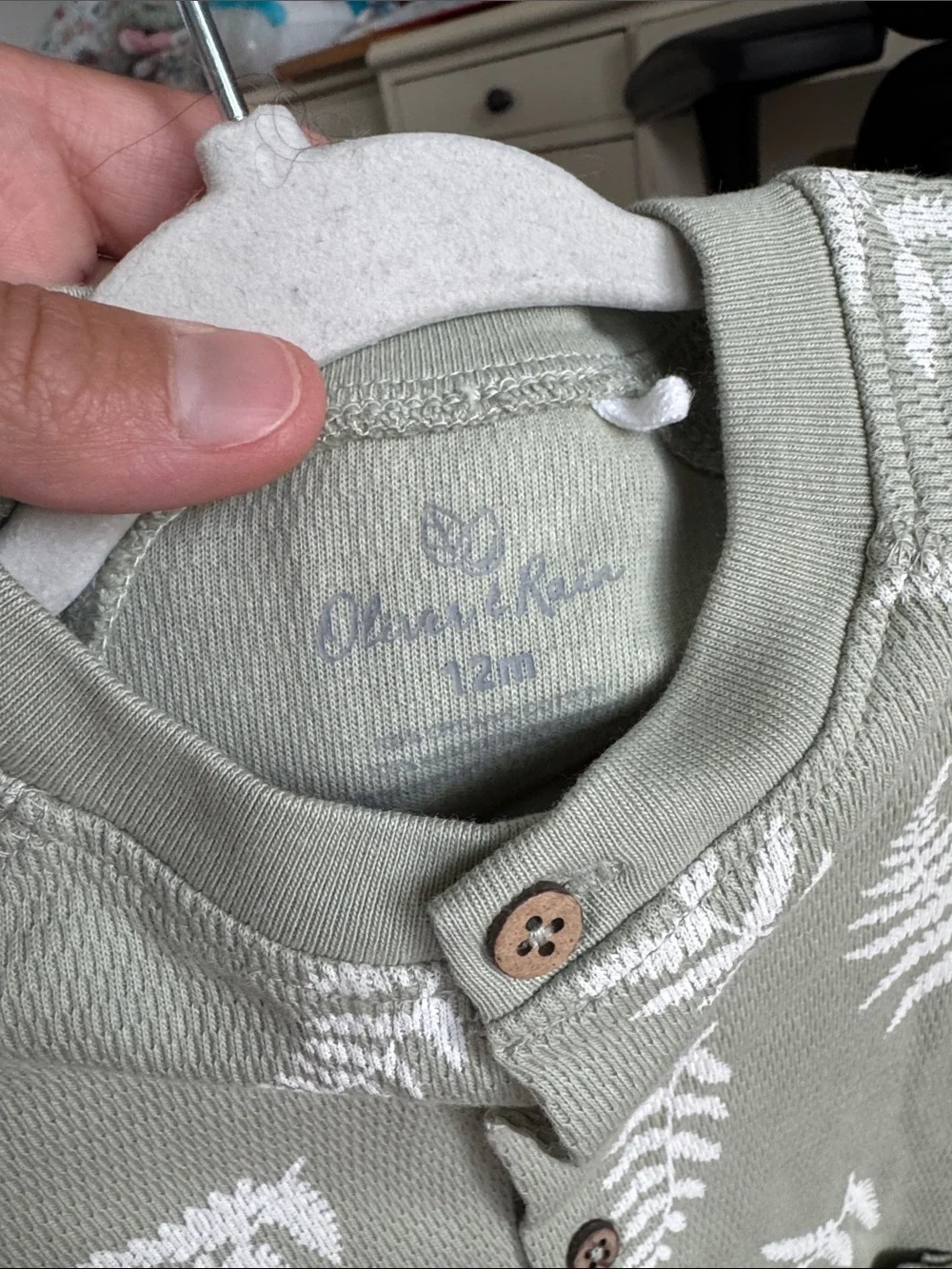 Button-Front Sage Green Fern Print Footed One-Piece